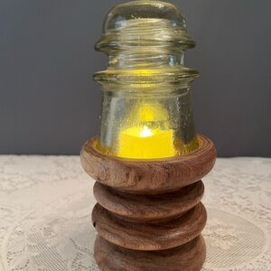 B&W "Red Neck" Fairy Lamp. Vintage Glass Insulator atop Handmade Wooden Base